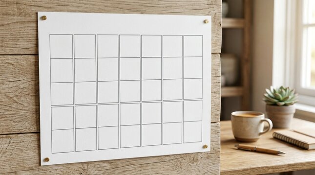 Clear acrylic monthly calendar planner mounted on wooden wall.