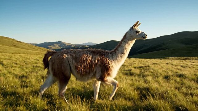 A close-up side profile shot of a llama walking through a golden, sunlit grassland with rolling hills and distant mountains in the background, captured during warm early-morning or late-afternoon ligh