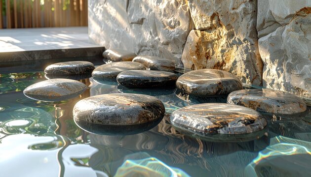 Spa pool stones with natural rock wall