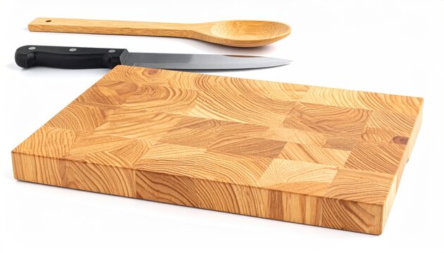Thick wooden butcher block with chef knife.