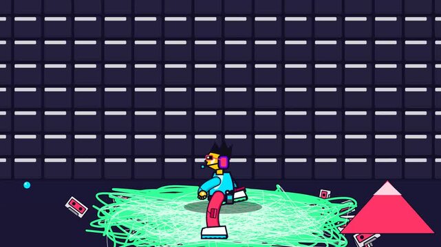 Retro 2D animation of a stylized character wearing headphones and holding a device while walking on tangled green lines with scattered cassette tapes and geometric shapes in a foley studio
