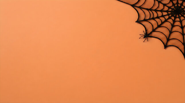 Halloween spider web with spider on orange background. Cobweb with insect. Spooky autumn texture with copy space for design or greeting card. for halloween 4k