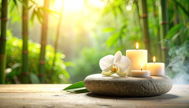 White orchid and candles on spa stones.