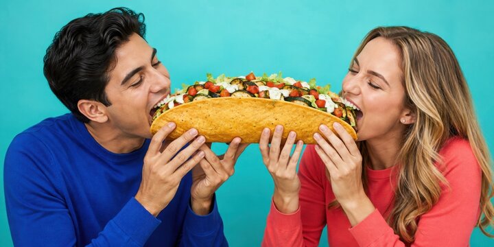 Two Friends Sharing a Giant Taco in a Studio Portrait