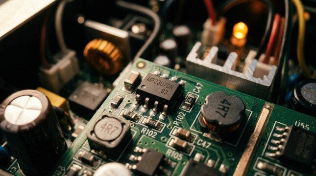 Close-up of capacitors and resistors on electronic circuit board.