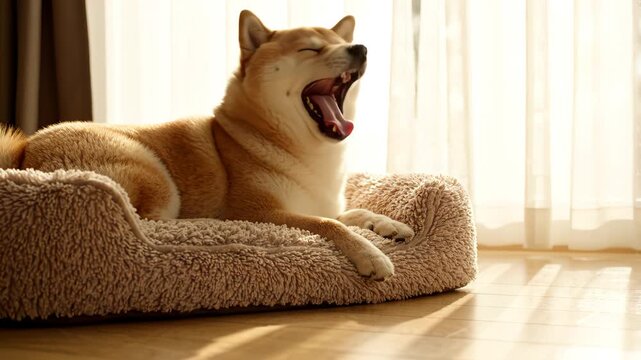 Shiba Inu Sleeping and Yawning on Cozy Pet Bed in Sunlit Room