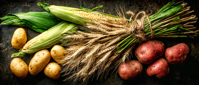 Fresh corn with green leaves sits next to a bunch of wheat tied with twine, while red and light potatoes are scattered on the dark ground nearby
