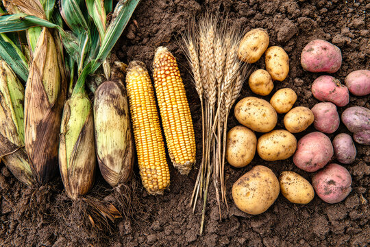 Corn cobs, wheat ears, and potatoes are arranged on dark soil, showcasing the harvest from the farm. The vegetables display vibrant colors and textures