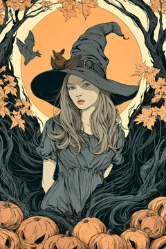 A witch with a hat stands among pumpkins and trees. Bats fly in the background. The scene is set during Halloween in the evening with a full moon