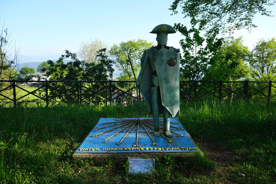 Tineo, Asturias, Spain - May 16, 2025: Sundial pilgrim monument Monumento al Peregrino in a park on the Camino Primitivo.