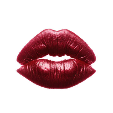 A vibrant red lipstick kiss mark with a prominent metallic sheen and intricate lip lines, glossy on a stark white background, evoking boldness and glamour