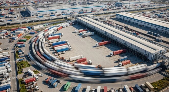 Aerial view of a busy logistics hub with trucks and trailers in motion