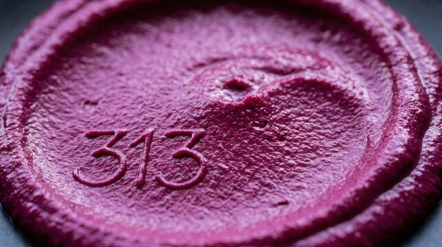 Close up of purple beet puree with stamped number