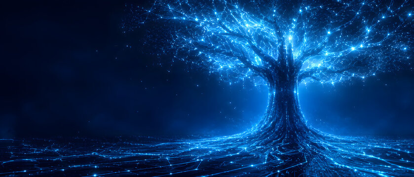 Abstract glowing blue tree of light with intricate root system, symbolizing knowledge and connectivity in a dark digital space