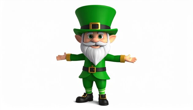 A happy little leprechaun character wearing a green top hat and suit standing with arms wide open isolated on a clean white background design.