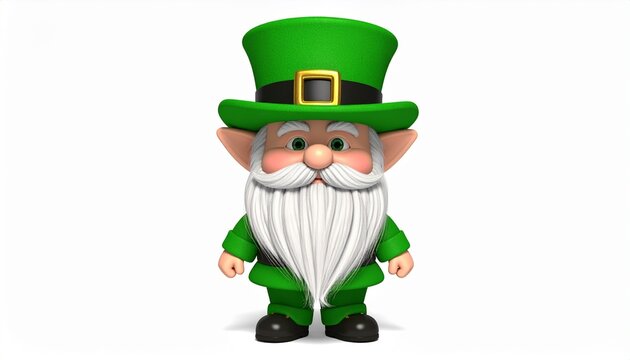 A friendly 3d cartoon character of an elderly leprechaun wearing a green top hat and a white beard isolated on a clean white background.