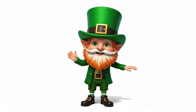 A friendly 3D cartoon leprechaun character wearing a green top hat and festive outfit waving hello isolated against a white studio background.