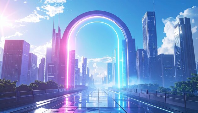 A futuristic city landscape featuring a glowing neon archway on a sleek road during a bright sunny day with modern skyscrapers in the distance.