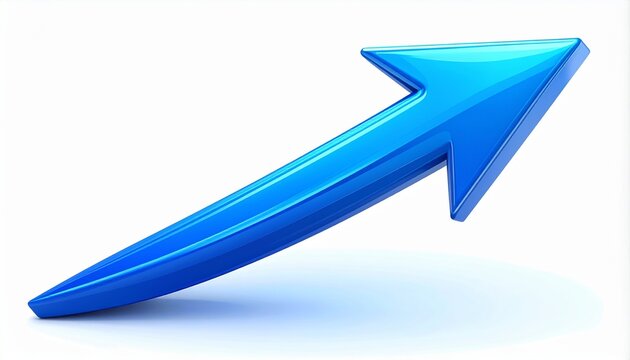 A bright blue glossy 3d arrow pointing upwards on a white background representing business success growth progress and positive market trends.