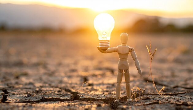 Wooden mannequin holding a glowing lightbulb in a dried cracked earth landscape at sunset representing creativity and innovative thinking concepts.