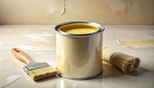 A metal paint bucket with vibrant yellow paint and professional brushes sitting on a clean surface ready for home renovation and decoration.