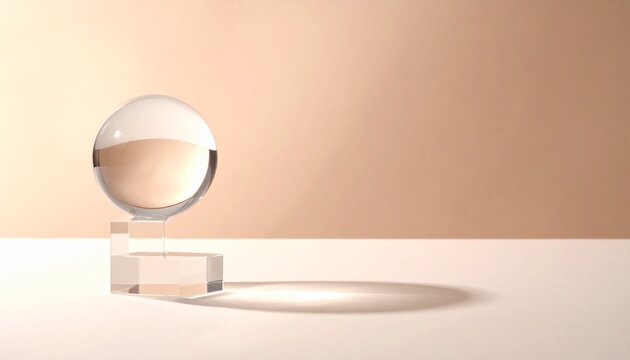 A minimalist abstract composition featuring a clear glass sphere balanced on a geometric acrylic pedestal against a soft warm beige background.