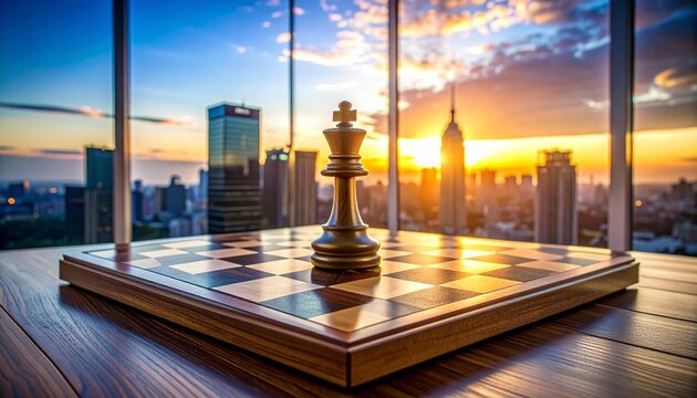 A gold chess king piece standing on a wooden chessboard with a sunset city skyline view from a high rise office window representing success.
