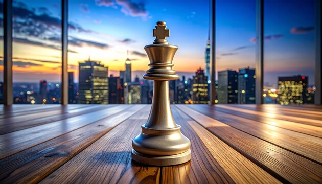A majestic gold chess king standing on a wooden surface against a blurred modern city skyline view at sunset representing business strategy leaders...