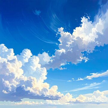 A serene blue sky with fluffy white clouds and soft, wispy streaks