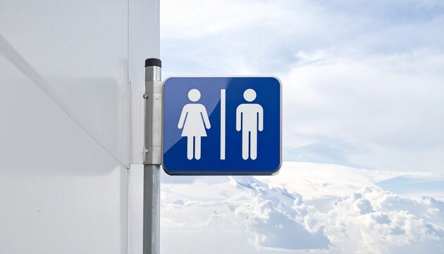 A modern blue and white restroom sign featuring male and female pictograms mounted on a metal pole against a cloudy sky background for public.