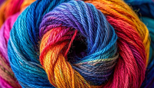 A vibrant close up view of a colorful skein of soft wool yarn twisted together displaying a beautiful rainbow spectrum of bright textile fibers.
