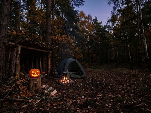 Halloween campsite with jack o lantern tent and campfire in dark autumn forest.