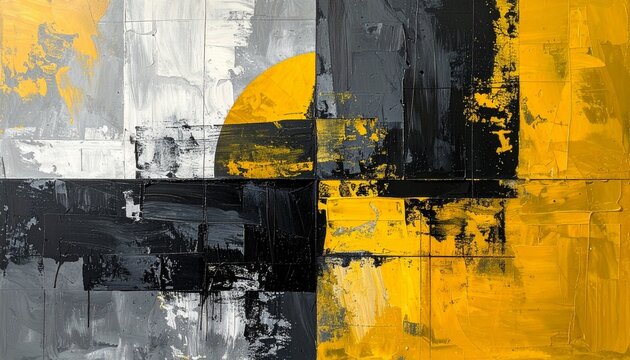 Abstract contemporary oil painting on canvas featuring a bold geometric composition with vibrant yellow and deep black and grey textured brushwork.