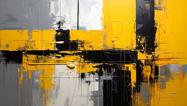 A modern abstract painting featuring bold yellow black and grey paint strokes with a textured impasto technique for artistic interior decoration.