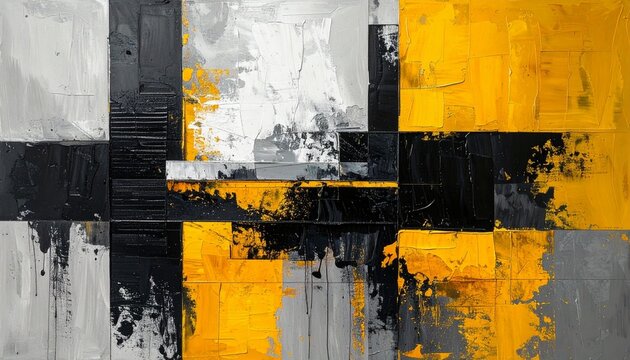 Large contemporary abstract painting featuring bold geometric shapes with textured oil paint strokes in vibrant yellow black and grey color palette.