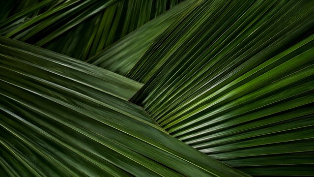 Closeup of vibrant green palm leaf textures and patterns, creating a natural geometric abstract background