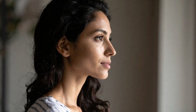 Profile portrait of a beautiful young woman looking out of a window in natural soft morning light for wellness and mental health photography.