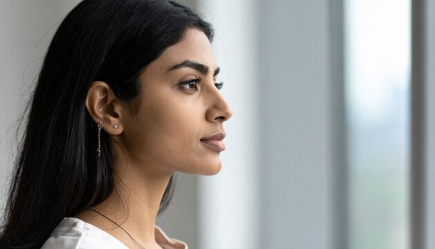 Portrait of a beautiful young woman looking away with a thoughtful expression while standing indoors near a bright window in daylight setting.
