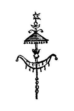 Turkish crescent percussion instrument with crescent, star, and bell ornaments, old vintage illustration, 1897.