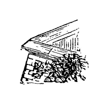 Classic roof corner with brick wall and foliage, architectural detail drawing, old vintage illustration, 1897.