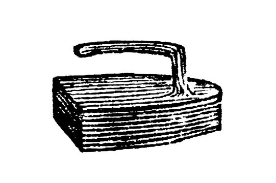 Smoothing iron with curved handle and textured metal body, old vintage illustration, 1897.