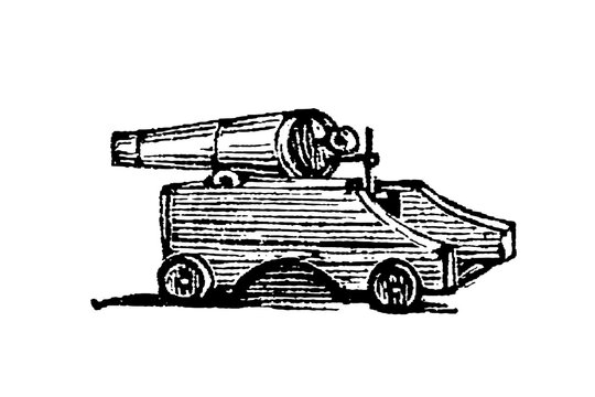 Cannon mounted on wooden carriage with spoked wheels, old vintage illustration, 1897.