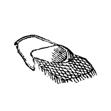 Game bag with netted fabric and leather strap, hunting equipment, old vintage illustration, 1897.