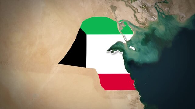 Kuwait Flag Map Animation, Zoom From Space to Kuwait, Middle East Country Location Map, State of Kuwait on Realistic Terrain Background