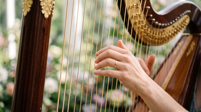 Close-up of hands playing a harp with delicate strings and ornate frame
