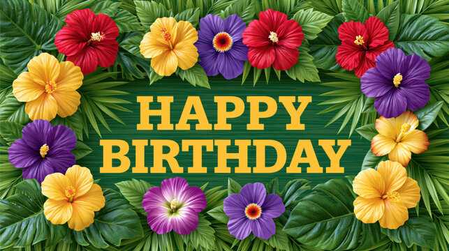 Tropical birthday backdrop with hibiscus flower frame and green leaf border, festive luau greeting poster with bright floral decoration