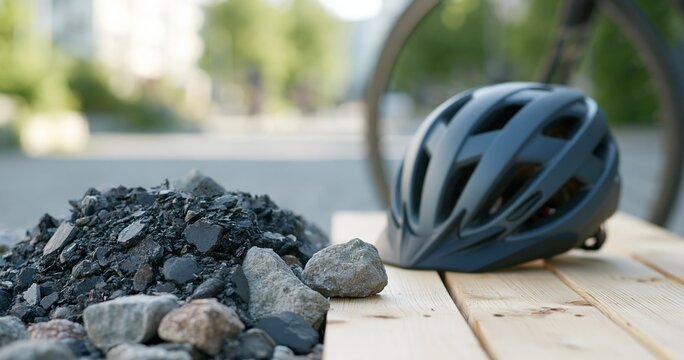 Bicycle helmet and gravel on wooden surface