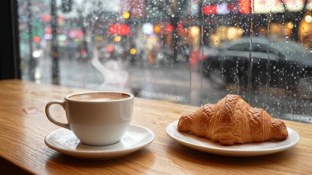 Steaming coffee and fresh croissant on wooden table by rain-streaked caf&eacute; window with blurred city street lights
