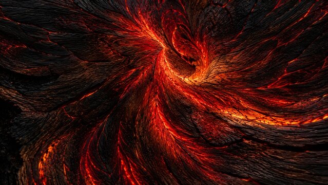 Abstract texture of cooling lava flow with glowing molten magma cracks and dark volcanic rock surface
