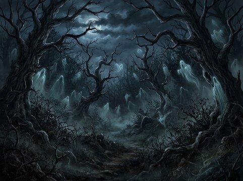Dark misty forest landscape with multiple spectral spirits among ancient trees.